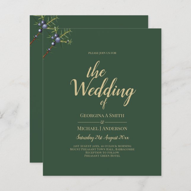 Modern JUNIPER Green GOLD Wedding Invite (Front/Back)