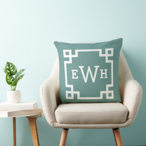 Modern Juniper Green Greek Key Custom Monogram Throw Pillow