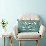Modern Juniper Green Welcome Home Custom Last Name Lumbar Pillow<br><div class="desc">Modern juniper / teal green and white "Welcome to Our Home" lumbar pillow features stylish script text with custom sans serif monogram text that can be personalized with your family's last name. Indoor and outdoor pillow fabrics are available.</div>