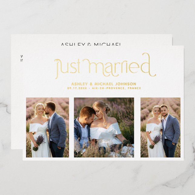 Modern Just Married 4 Photo Reception Only Gold Foil Invitation (Front/Back)