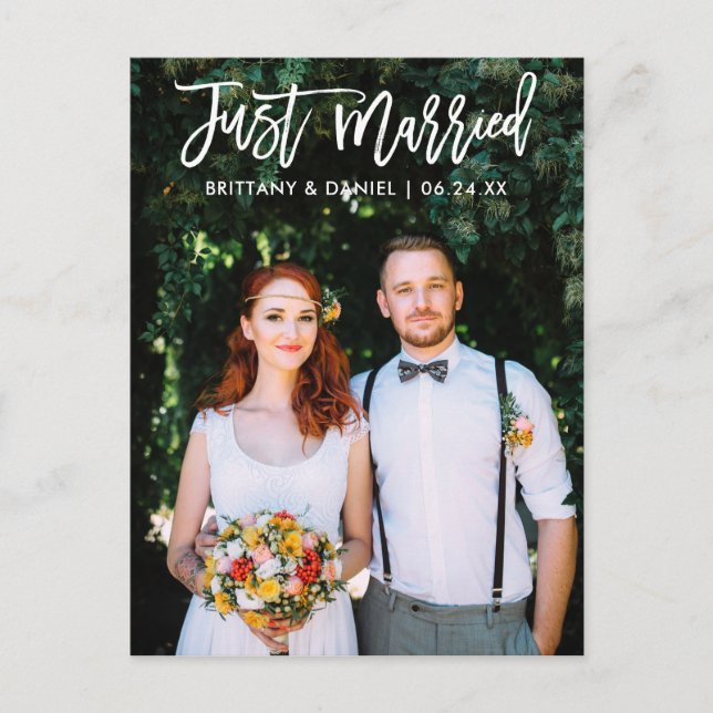 Modern Just Married Brush Script Photo Wedding Postcard (Front)