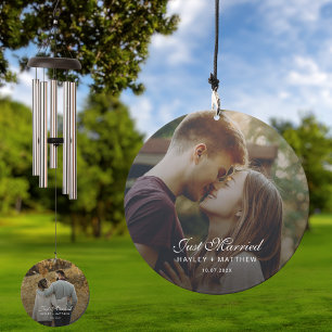 Modern Just Married Calligraphy Wedding Photo Wind Chime