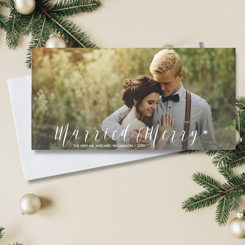Modern Just Married Merry Newlywed Holiday Photo