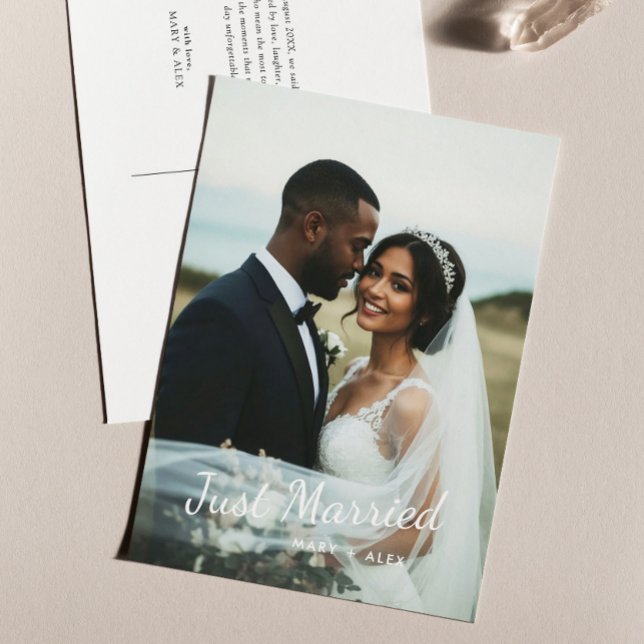 Modern Just Married Wedding Photo Announcement Postcard (Creator Uploaded)