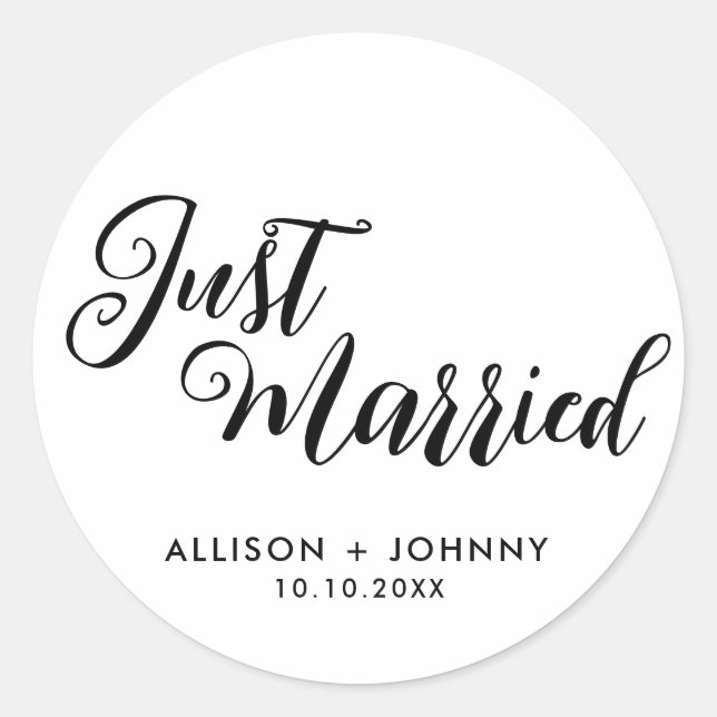 Modern Just Married Wedding Reception Simple Classic Round Sticker (Front)