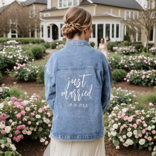 Modern Just Married White Script Typography  Denim Jacket