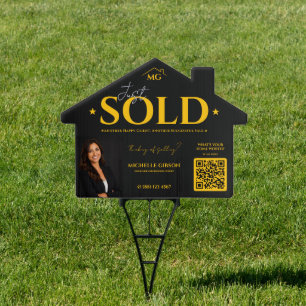 Modern Just Sold Black Yellow QR Real Estate Yard Sign