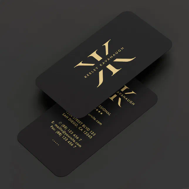 Modern K Monogram Professional Black Faux Gold Business Card | Zazzle