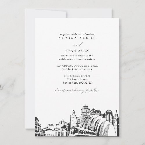 Modern Kansas City Skyline Black  White Wedding Invitation