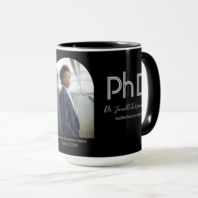 Modern Keepsake Black White Photo PhD Graduation Mug (Front Right)