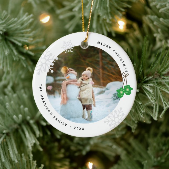 Modern Keepsake Green Mittens Photo Ceramic Ornament (Tree)