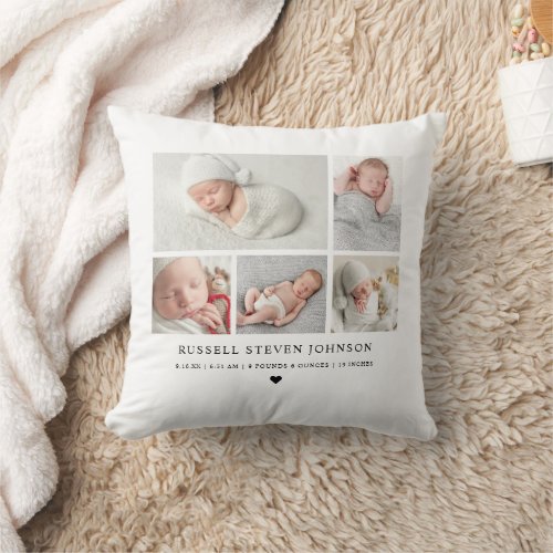 Modern Keepsake Photo Collage Newborn Stats Throw Pillow