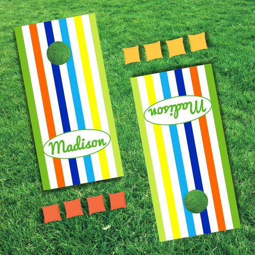 Modern Kelly Green Blue Yellow Orange Stripes Cornhole Set