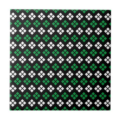 Modern Kelly Green  White Argyle Pattern on Black Ceramic Tile