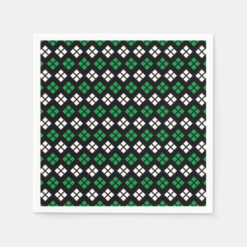 Modern Kelly Green  White Argyle Pattern on Black Napkins