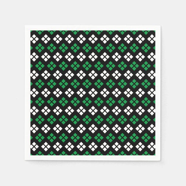 Modern Kelly Green & White Argyle Pattern on Black Napkins (Front)
