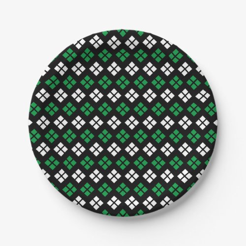 Modern Kelly Green  White Argyle Pattern on Black Paper Plates