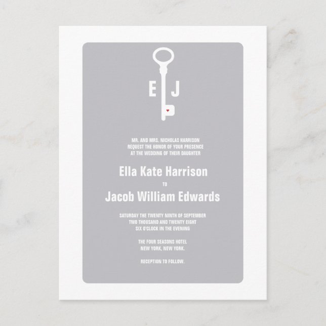 Modern Key Monogram Wedding Invitation Postcard (Front)