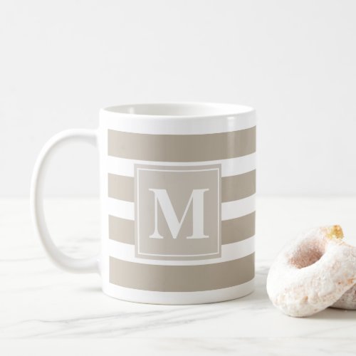 Modern Khaki and White Stripe with Monogram Coffee Mug