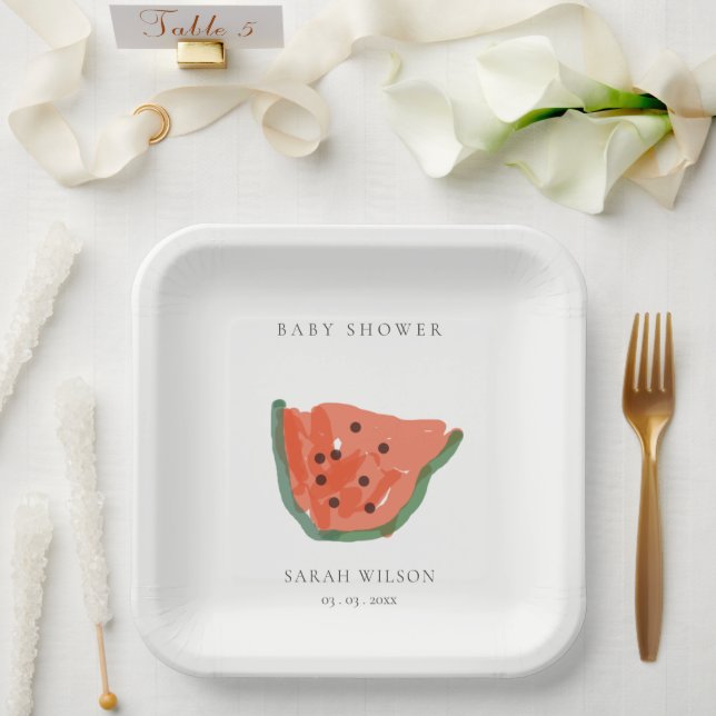 Modern Kid Hand Drawn Watermelon Fruit Baby Shower Paper Plates (Wedding)