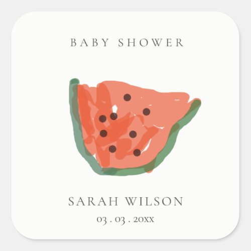 Modern Kid Hand Drawn Watermelon Fruit Baby Shower Square Sticker