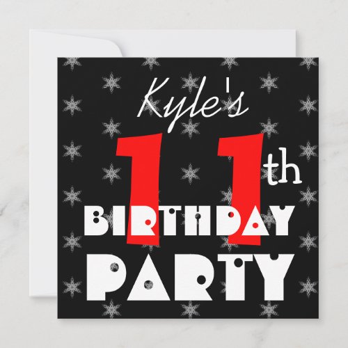 Modern Kid's 11th Birthday Red Black and White Invite