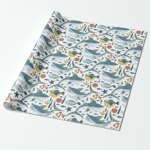 Modern Kids Birthday Little Shark Under The Sea Wrapping Paper