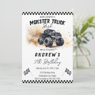 Modern Kids Black Monster Trucks Birthday Invitation