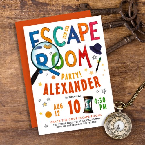 Modern Kids Escape Room Colorful Typo  Watercolor Invitation