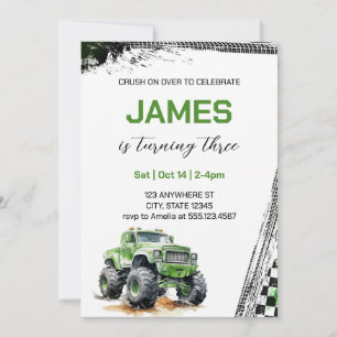 Modern Kids Green Monster Trucks Birthday Invitation