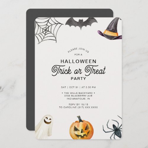 Modern Kids Halloween Gray Trick or Treat Party  Invitation