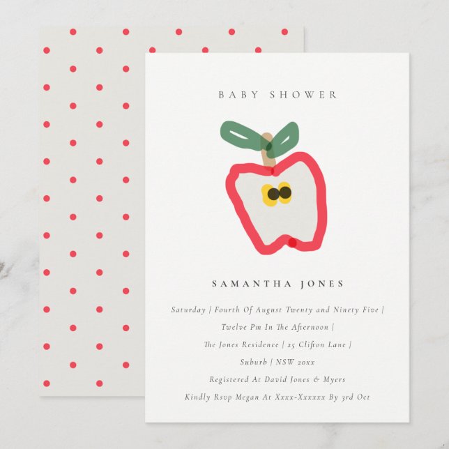 Modern Kids Hand Drawn Apple Fruit Baby Shower  Invitation (Front/Back)
