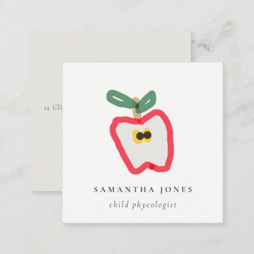 Modern Kids Hand Drawn Apple Fruit Red Green Square Business Card