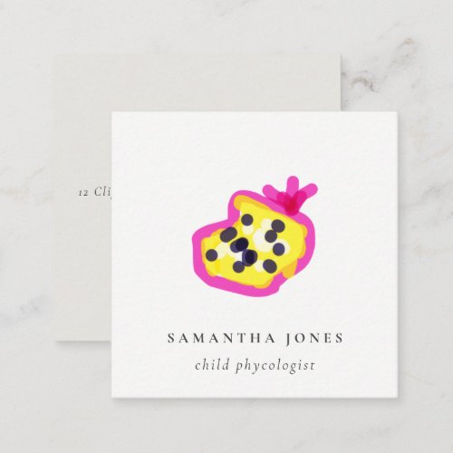 Modern Kids Hand Drawn Passion Fruit Yellow Pink Square Business Card
