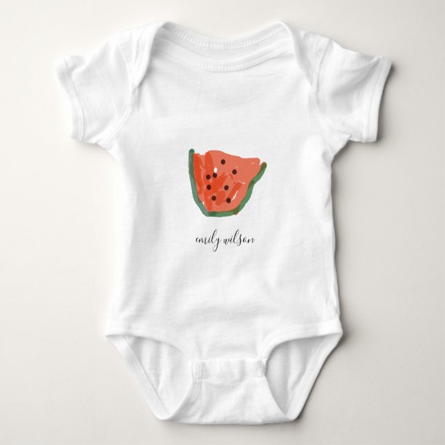 Modern Kids Hand Drawn Red Green Watermelon Fruit Baby Bodysuit (Front)
