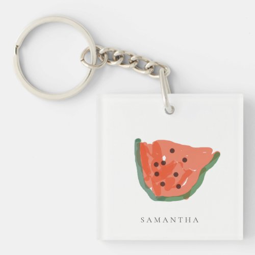 Modern Kids Hand Drawn Watermelon Fruit Red Green Keychain