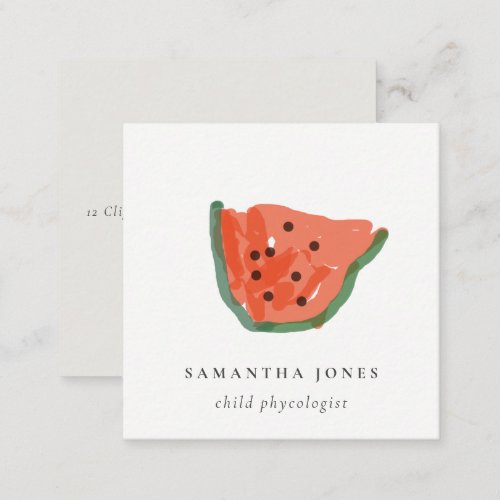Modern Kids Hand Drawn Watermelon Fruit Red Green Square Business Card