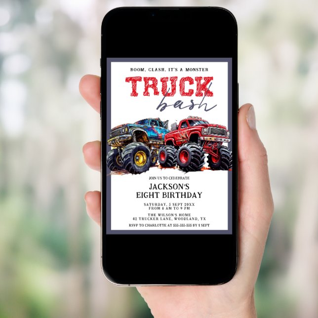 Modern Kids Monster Truck Birthday Party Invitation (Front Digital)