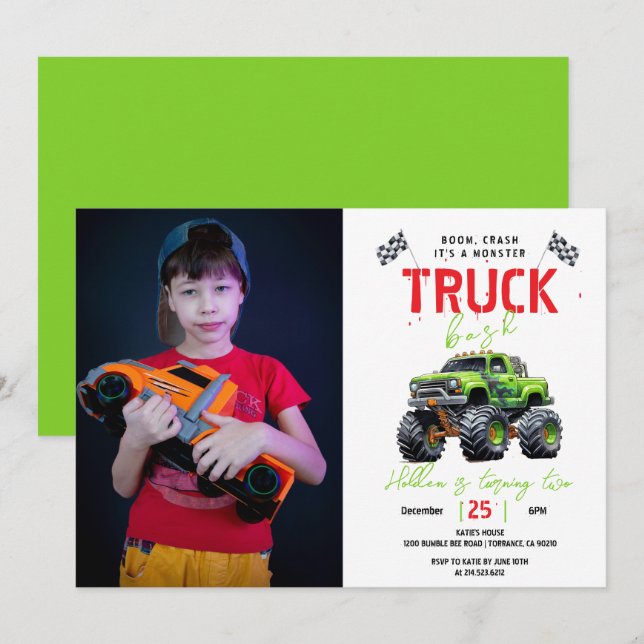 Modern Kids Monster Truck Birthday Party Invitation (Front/Back)