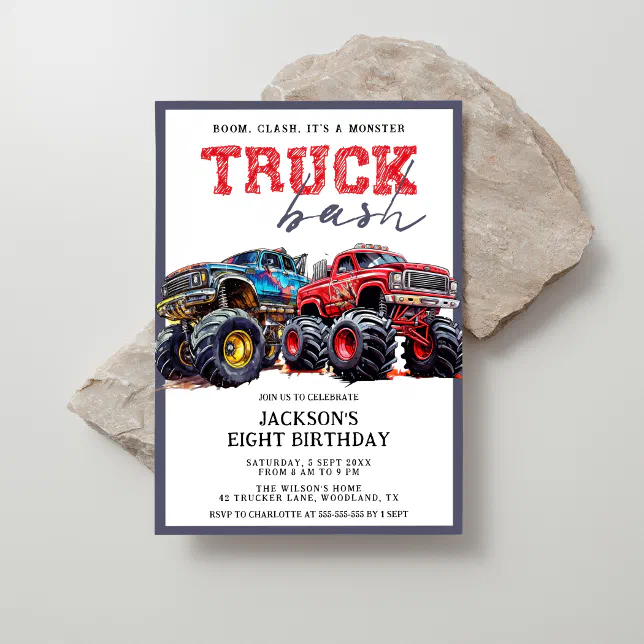 Modern Kids Monster Truck Birthday Party Invitation | Zazzle