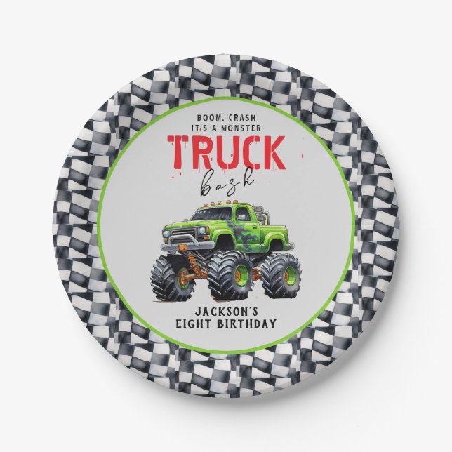  Modern Kids Monster Truck Birthday Party Paper Plates (Front)