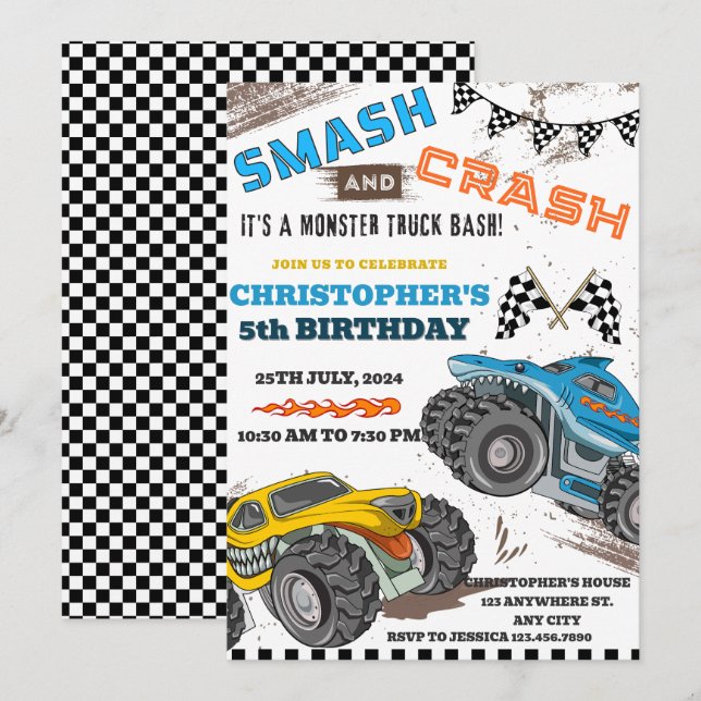 Modern Kids Monster Trucks Birthday  Invitation (Front/Back)