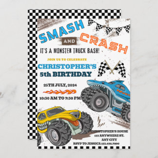 Modern Kids Monster Trucks Birthday Invitation