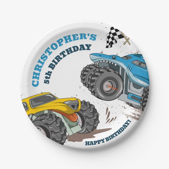 Modern Kids Monster Trucks Birthday  Paper Plates (Front)