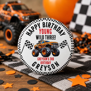 Modern Kids Monster Trucks Birthday Party Button