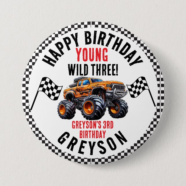 Modern Kids Monster Trucks Birthday Party Button (Front)