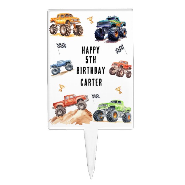 Modern Kids Monster Trucks Birthday Party Cake Topper (Front)