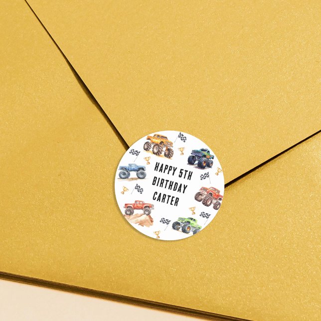 Modern Kids Monster Trucks Birthday Party Classic Round Sticker (Creator Uploaded)