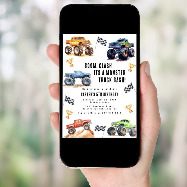 Modern Kids Monster Trucks Birthday Party Invitation (Front Digital)