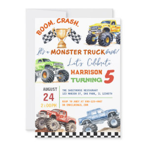 Modern Kids Monster Trucks Birthday Party Invitation